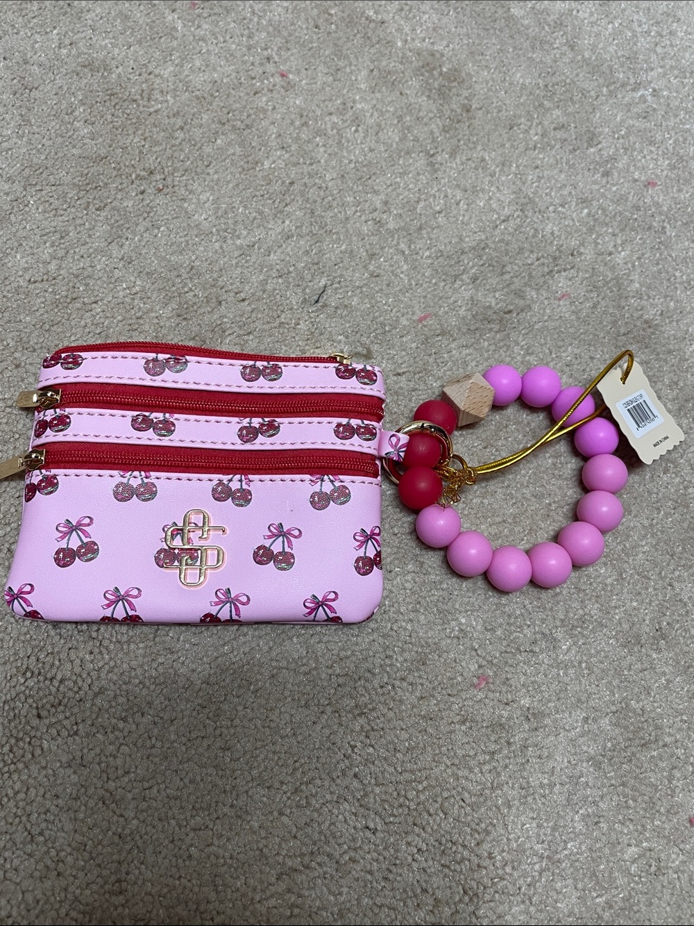 Simply Southern Pink Cherry Print Triple Zip Wristlet with Bubble Keyring